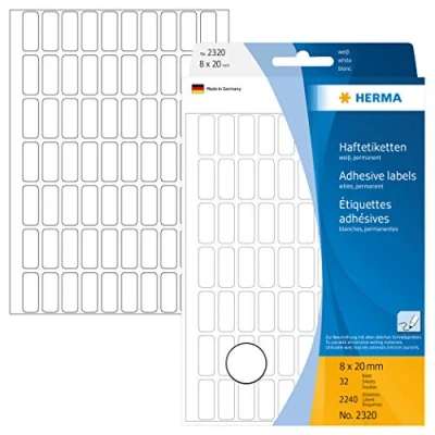 Image of HERMA Multi Purpose Labels, 70 Labels per Sheet, 32 Sheets, 8 x 20 mm, 2240 Self Adhesive Mini Stickers, Blank Sticky for Office Kitchen Home, White