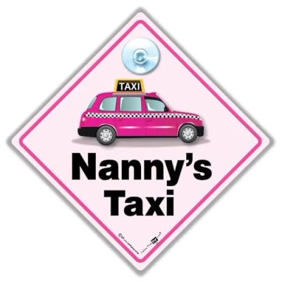 Image of Nanny&#039;s Taxi Sign, Car Suction Cup Pink London Black Cab Sign 14cm x