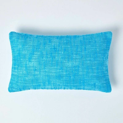 Image of HOMESCAPES Teal Blue 12 x 20 Inch Nirvana Pure Slub Cotton Cushion Cover Coordinating with Matching Throws and Bedspreads