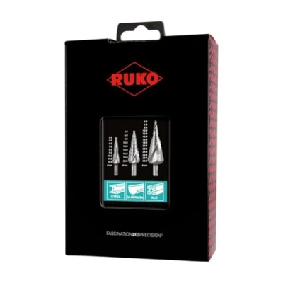 Image of RUKO HSS Spiral Fluted Step Drill Bit Set in Plastic Case, Bright Finish, 3 Pieces, 101026RO
