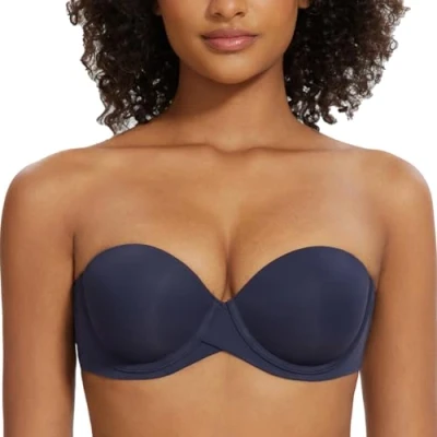 Image of MELENECA Women&#039;s Push up Strapless Bras with Lift Stay Put Padded Cup Navy Blue 34F