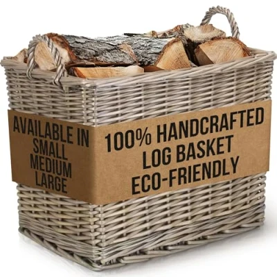 Image of Log Basket Large Wicker Baskets for Wood Burner Indoor &amp; Fireplaces Rectangular Logs Kindling Hessian Lined With Handles Dimensions: 460x350x360mm Vanilla Leisure