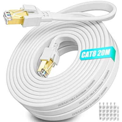 Image of Ethernet Cable 20m Cat 8 Internet High Speed Flat Long Network Outdoor Indoor 40Gbps 2000MHz LAN 20 Meter RJ45 Gigabit White Patch Cord for Data Center Modem Switch