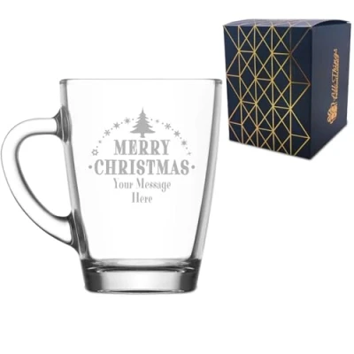 Image of Personalised Engraved Novelty Christmas Glass Coffee Hot Drinks Cup with Merry Tree Design, Customise Any Name or Message, Gift Box Included, Laser