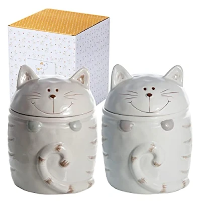 Image of SPOTTED DOG GIFT COMPANY Ceramic Storage Jars with Lids, Set of 2 Kitchen Canisters for Food Tea Coffee Sugar Treats, Cute Cat Themed Accessories, Gifts Women Men (Mink Grey, White)
