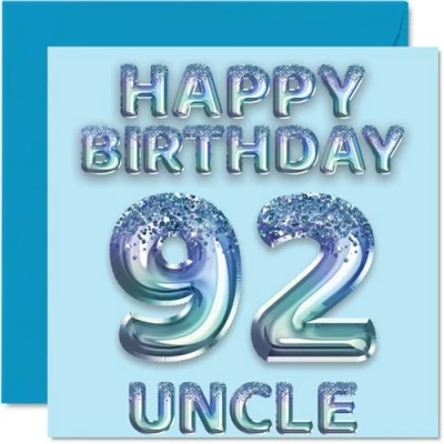 Image of 92nd Birthday Card for Uncle Blue Glitter Party Balloons Happy Cards 92 Year Old from Nephew Niece, 145mm x Bday Greeting Gift
