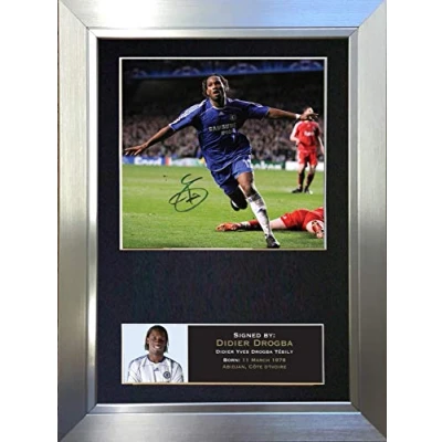 Image of DIDIER DROGBA No1 Signed Autograph Mounted Photo Reproduction PRINT A4 Rare Perfect Birthday (297 x 210mm) #45 (Silver Frame)
