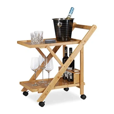 Image of Relaxdays Bamboo Kitchen Trolley, Foldable Serving Cart with Bottle Holder, Wooden, Castors, HxWxD: 70 x 40.5 65 cm, Natural