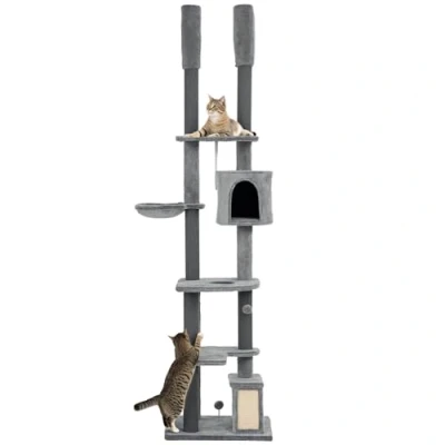Image of PawHut Floor to Ceiling Cat Tree, 225 255cm Height Adjustable Large Tower 6 Levels Activity Centre for Indoor Cats with Scratching Posts Ramp, Condo Hammock, Play Balls Grey