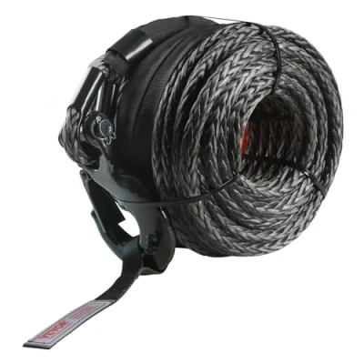 Image of VEVOR Synthetic Winch Rope, 3/8 Inch x 100 Feet 26,500 lbs Line Cable Rope with Protective Sleeve + Forged Hook Pull Strap, Universal Fit for SUV, Large Off Road Vehicle, Truck