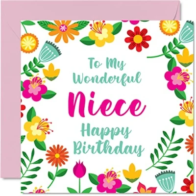Image of Fun Birthday Cards for Niece Wonderful Female Cute Happy Card from Auntie Uncle, Special Gifts, 145mm x Floral Greeting Gift