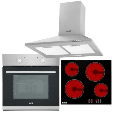 Image of Baridi 4 Zone Ceramic Hob, 5 Function Fan Assisted Oven &amp; Chimney Style Cooker Hood Bundle DH188