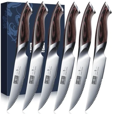 Image of HOSHANHO Steak Knives Set of 6, Ultra Sharp 4.5 Inch Serrated Knife Set, Japanese AUS 10 High Carbon Steel Kitchen with Ergonomic Handle
