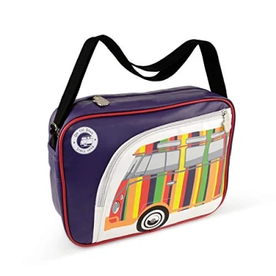 Image of BRISA VW Collection Volkswagen Shoulder Travel Messenger Bag with T1 Bus Campervan Motif (Stripes/Purple)