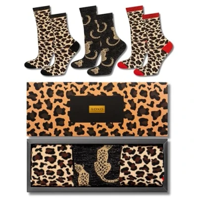 Image of soxo Leopard Socks Women Funny Ladies Sock Animal Print Gift Ideas Long Women&#039;s Funky Gifts Box 2.5 6.5 Brown 3 Pairs