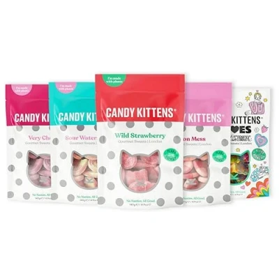 Image of Candy Kittens Vegan Sweets CORE Selection (5 x 140g), Chewy Bundle Wild Strawberry, Sour Watermelon, Very Cherry, Eton Mess &amp; LOVES, Bulk Bags, Gifts, 5 Bags Of