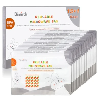 Image of Bimirth Microwave Steriliser Bags, Steam Pack of 16 Reusable, Cleaning Baby Bottles, Pacifier, Teethers &amp; Training Cups, 20 Uses Per Bag, Only 3 Minutes, Marking System, Chemical Free