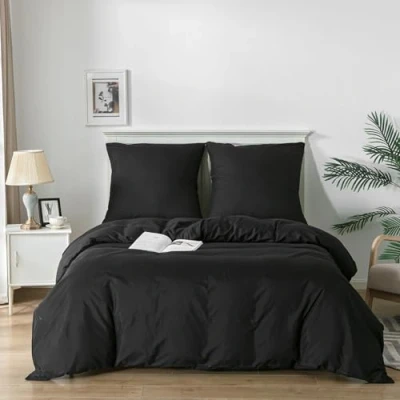 Image of Good Nite Bed Linen 240 x 220 cm 3 Piece Black Sets Microfibre Duvet Cover + 1 Pillowcase 80 Breathable Soft