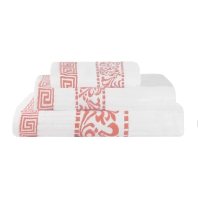 Image of Superior 3 Piece Cotton Towel Set, Decorative Greek Pattern, Home Essentials, Absorbent Towels, Bathroom Decor, Spa, Resort, Includes 1 Hand, Face and Bath Towel, Athens Collection, Coral