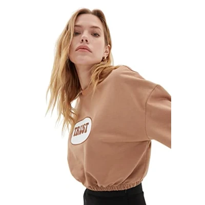 Image of Trendyol Women&#039;s Crew Neck With Slogan Regular Sweatshirt, Camel, XS UK