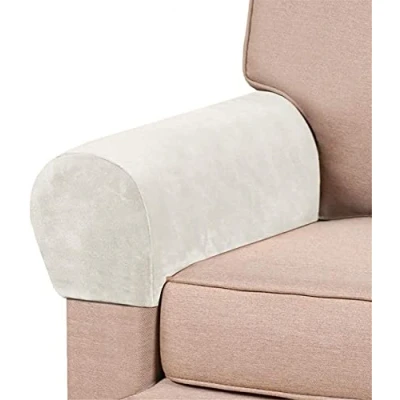 Image of LINGKY Thick Velvet Stretch Armrest Covers for Chairs and Sofas Armchair Arms Couch Arm Sofa Non Slip (Ivory,Set of 2)