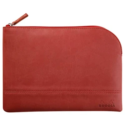 Image of RHODIA 116628C Faux Leather Zipped Pouch Nacarat Size M (16x22 cm) Real Stitching Orange Fabric Interior Storage for Documents, Small Supplies