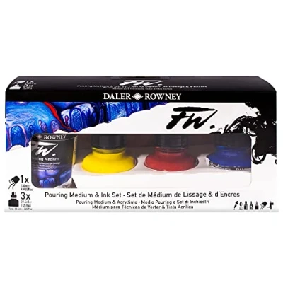 Image of Daler Rowney FW Pouring Medium &amp; Ink Set, 3 x 29.5ml Bottles, 130ml Medium, Acrylic Based Ink, Assorted Colours, Ideal for Professional Artists Students