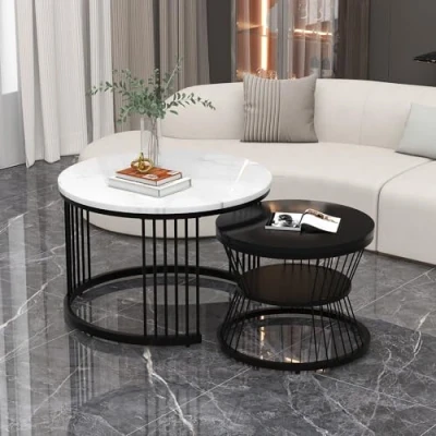 Image of ModernLuxe 2 in 1 Coffee Table, Round Nest of Tables, Multi functional Side Table with Black Metal Frame Legs and Marble Pattern Top, Nesting Tables for Living Room Bedroom Office, White