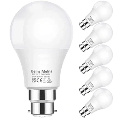 Image of Bayonet Light Bulbs B22, Cool White 6500K, 60W Equivalent, 9W 806lm B22 LED Bayonet, BC A60 GLS Energy Saving Lightbulbs Non dimmable, Pack of 6