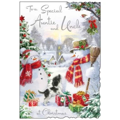Image of Auntie and Uncle Christmas Card Snowmen Puppy Artistic Festive Design Special Finishes Illustrated Insert Leaf Made in the UK