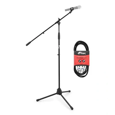 Image of Tiger Professional Black Boom Microphone Stand with Mic Clip and 3 inch XLR to Cable