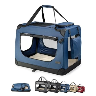 Image of lionto Pet Carrier Foldable Dog Transport Box Car Crate Small Animal Carrier, (XL) 82x58x58 cm blue