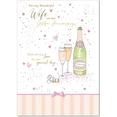 Image of doodlecards Wife Golden 50th Wedding Anniversary Card Champagne Medium Size with Plain Envelope