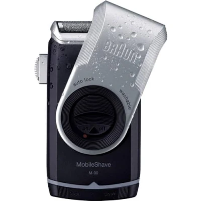 Image of Braun PocketGo Mobile Shave Electric Travel Shaver, for On The Go, Fully Washable, M90, Black/Silver