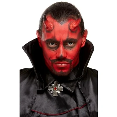 Image of Smiffys Make Up FX, Devil Kit, Aqua, Red &amp; Black Facepaints, Horns, Sponge Applicator, Cosmetics and Disguises Fancy Dress, Dress Disguises.