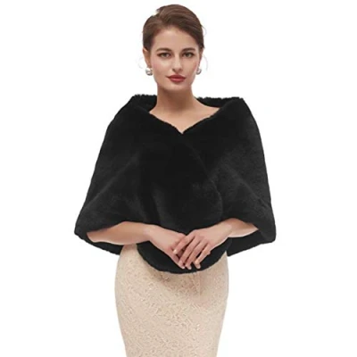 Image of kivie Faux Fur Wrap Shawl Wedding Stoles Cape Evening Bridal Shrug White/Black/Navy (black 1)