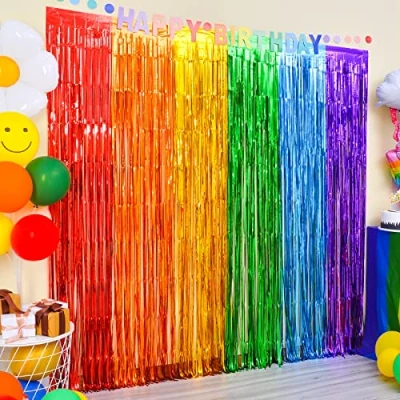 Image of LOLStar Rainbow Foil Fringe Curtains, 2 Pack Party Decorations 1 x m Tinsel Metallic Streamers Holiday Photo Booth Props Backdrop for Birthday Wedding Engagement Bridal Shower Unicorn