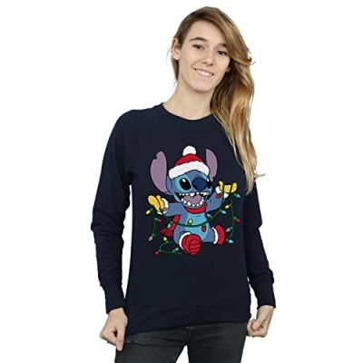 Image of Disney Women&#039;s Lilo and Stitch Christmas Lights Sweatshirt Navy Blue Small