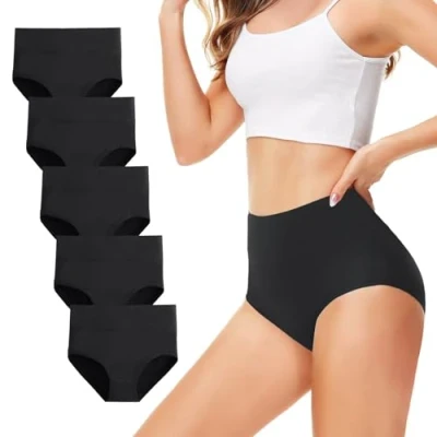 Image of TUUHAW Ladies Underwear 5Pack Coton Briefs High Waist Knickers Tummy Control Panties for Women Black XS