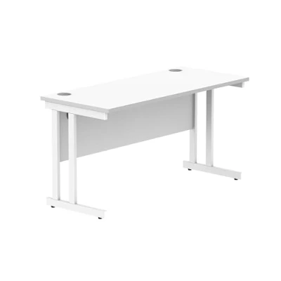 Image of Office Hippo Essentials Rectangular Desks, Home Writing Computer Desk For Work Place Or Home, With Cable Port Management, White Frame, Arctic White, 140cm x 60cm