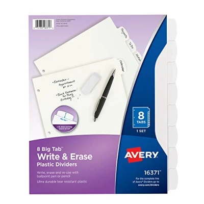 Image of AVERY Durable Plastic 8 Tab Write &amp; Erase Big Dividers for 3 Ring Binders, White, 1 Set (16371)