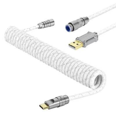 Image of MAMBASNAKE C05 Custom Coiled Aviator USB C Cable for Gaming Keyboard, Nylon Braided, A to C, Double Sleeved Mechanical Keyboard with Detachable CNC Metal Aviation Connector, 4.92ft White