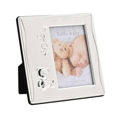 Image of Celebrations Hello Baby 3&quot; x 4&quot; Newborn Silver Plated Square Self Standing Picture Photo Frame with Teddy Icon. Gift and Display Celebrating Babies, Life, Mothers