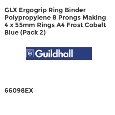 Image of Guildhall 675441 GLX Ergogrip Binder Polypropylene Four Ring A4 Frost Cobalt Blue, Pack of 2