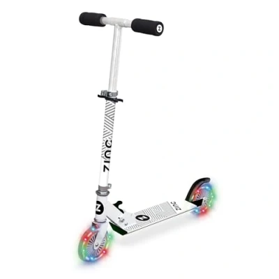 Image of Zinc Two Wheel Folding Rider Scooter White, Light Up LED Wheels, Non Slip Deck, Soft Grips, Adjustable Height, 3+ Kids