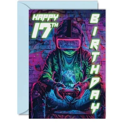 Image of 17th Birthday Cards for Boys Girls Video Game Gamer Happy 17 Card Son Daughter Nephew Niece Grandson, 5x7 Inch Seventeen Seventeenth Bday Greeting