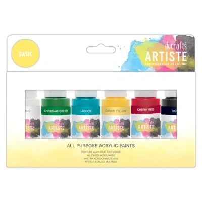 Image of Artiste Acrylic Paint Set Pack of 6X 59ml 2oz Basic Colours, Quick Drying Professional Art and Hobby Craft Artists Paint, Water Based Paints Cover All Surfaces with Ease, Ideal for Travel