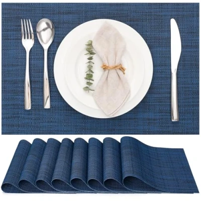 Image of Myir JUN Table Mats Set of 8, Place Placemats Washable Non slip Heat Insulation Woven Vinyl for Kitchen Dinning Restaurant 18&quot;X12&quot; (Ocean Color)