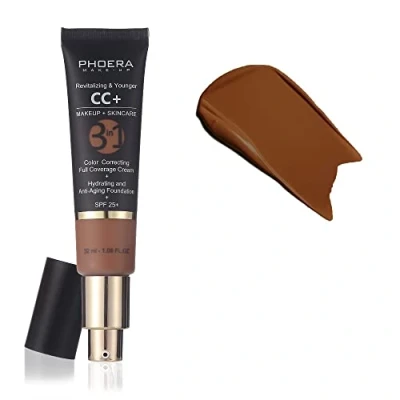 Image of PHOERA Anti Aging Color Correcting Full Coverage Cream Foundation SPF 25+ Revitalizing &amp; Younger infused Concealer with Vitamins For dark circles, acne scars, wrinkles redness. (200 Mocha)