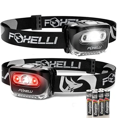 Image of Foxelli LED Head Torch for Adults &amp; Kids, Running, Camping, Hiking Headtorch Battery Powered with White Red Light, Lightweight Waterproof Headlamp Comfortable Headband, Batteries Included